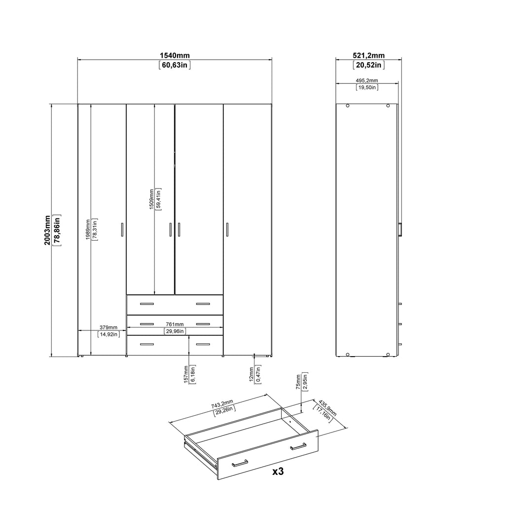 Jupiter Wardrobe 4 Doors 3 Drawers in Oak 2000