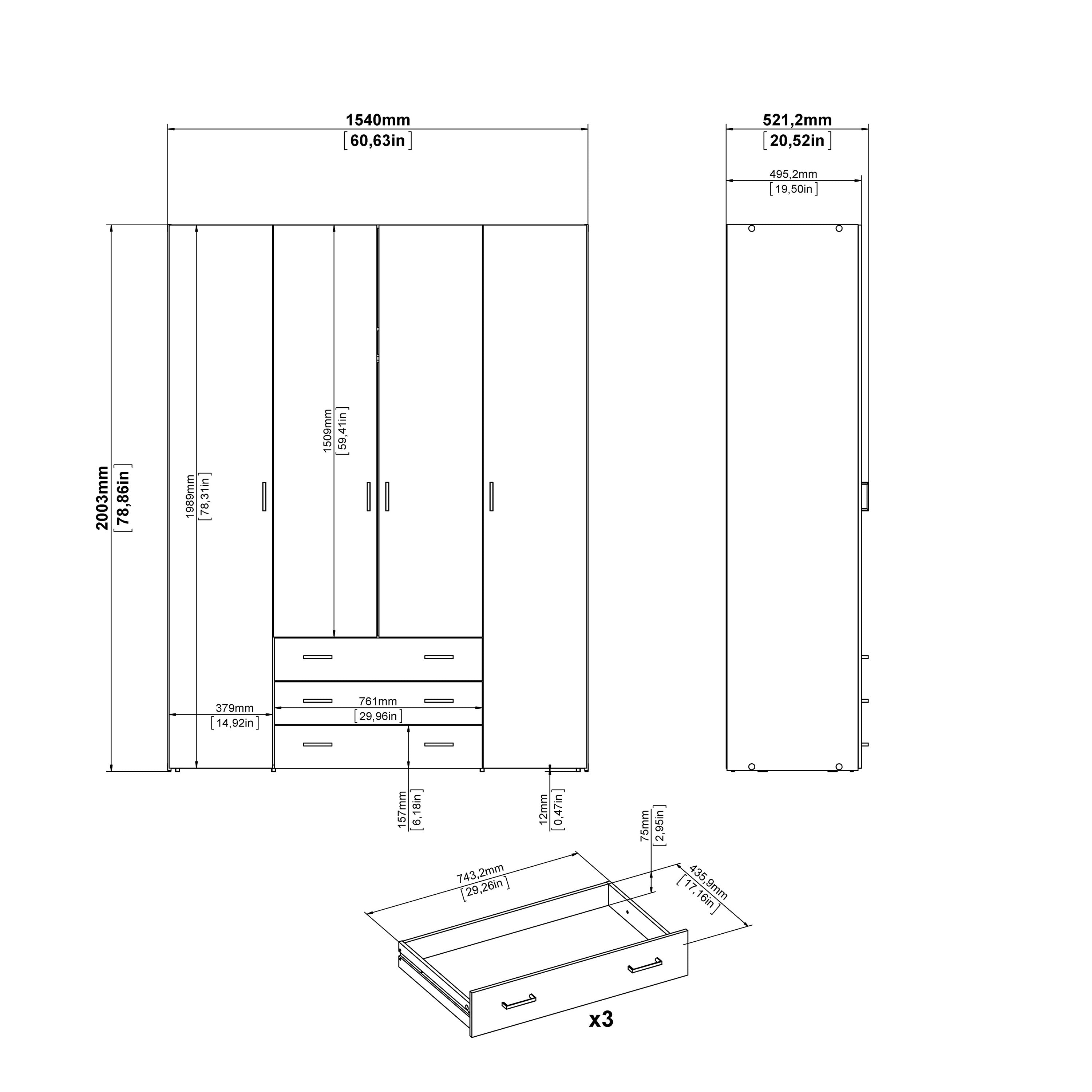 Jupiter Wardrobe 4 Doors 3 Drawers in Oak 2000