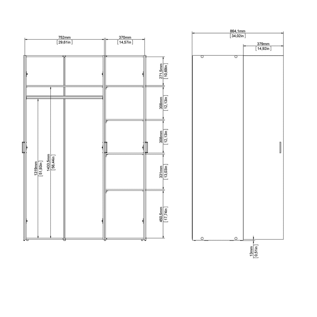 Jupiter Wardrobe 3 Doors White 1750