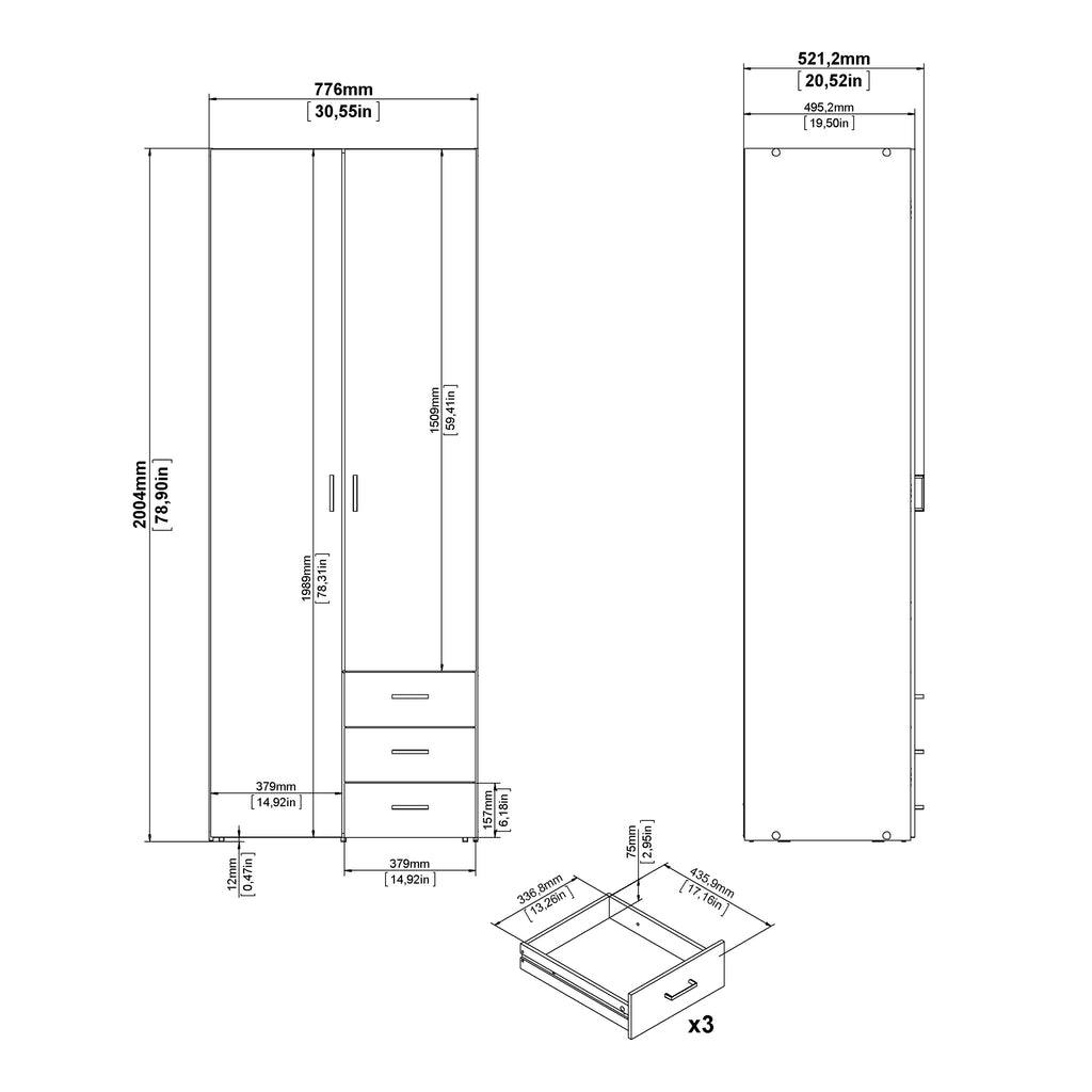 Jupiter Wardrobe 2 Doors 3 Drawers in White 2000