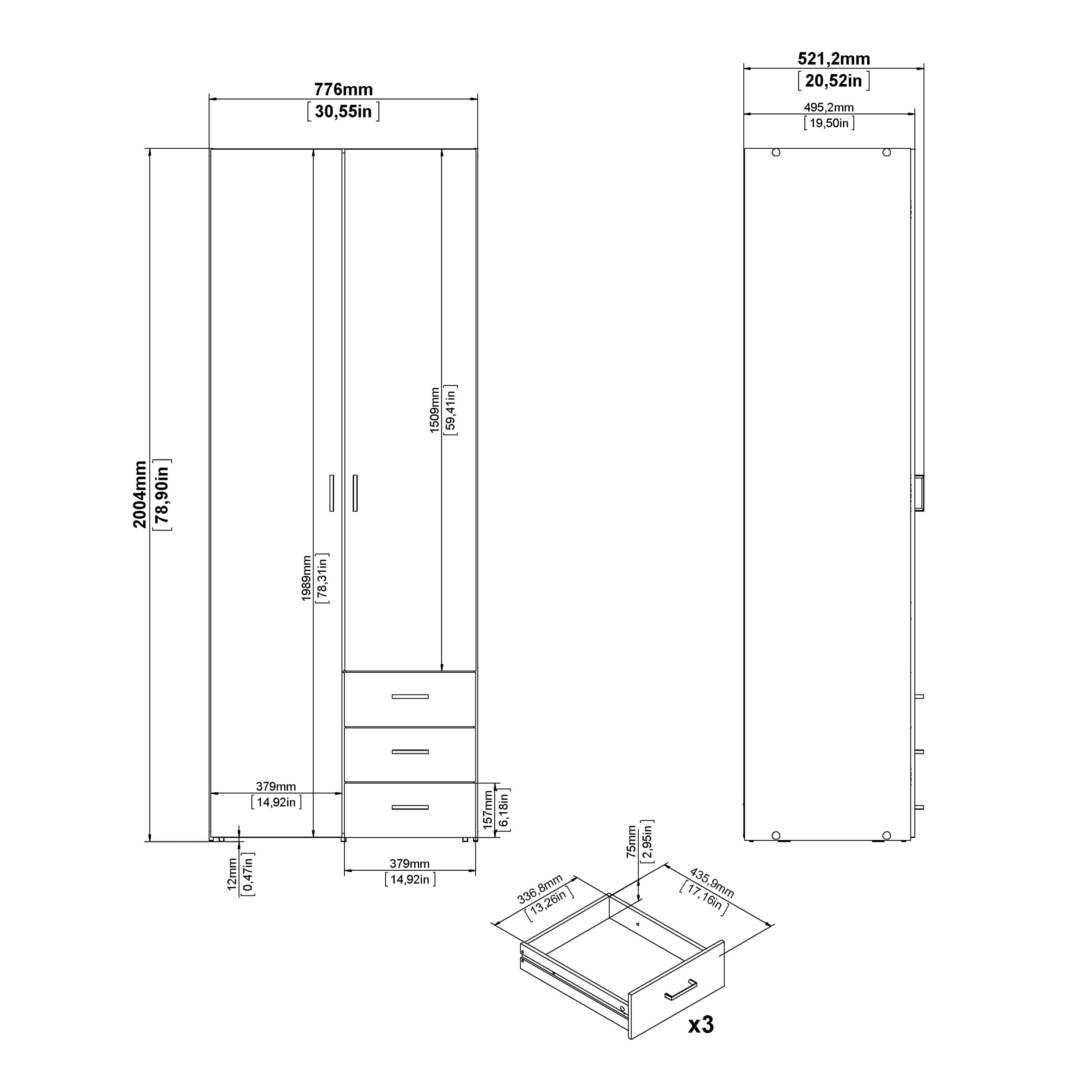 Jupiter Wardrobe 2 Doors 3 Drawers in White 2000