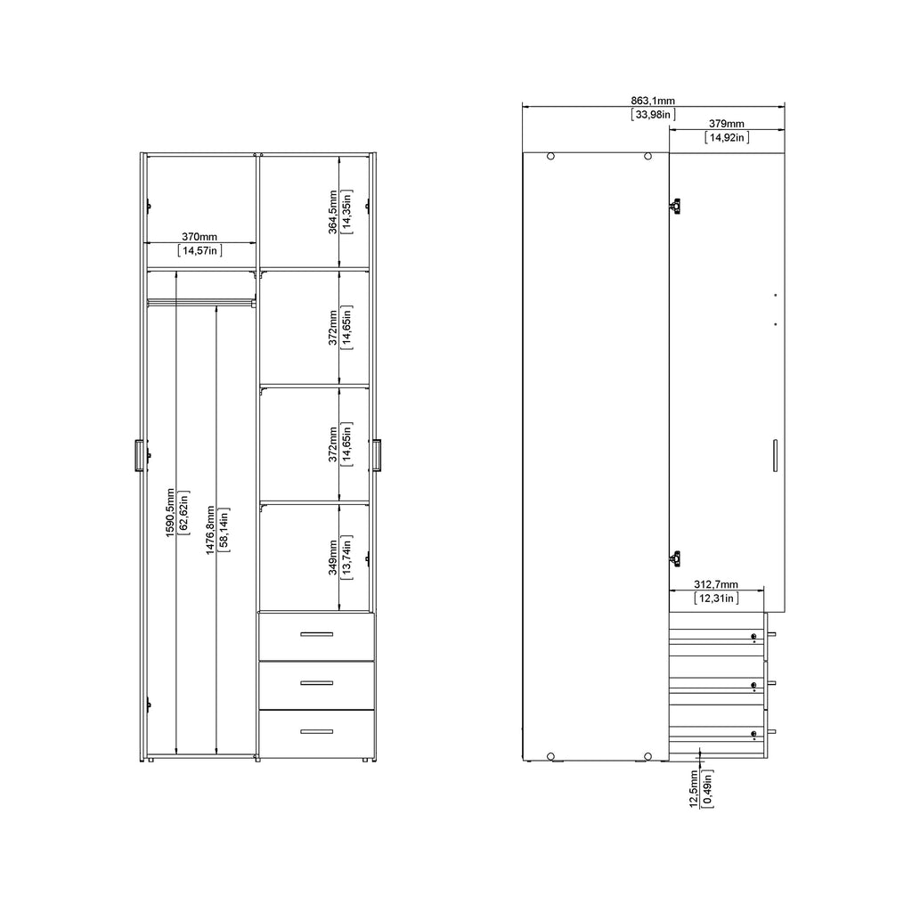 Jupiter Wardrobe 2 Doors 3 Drawers in White 2000