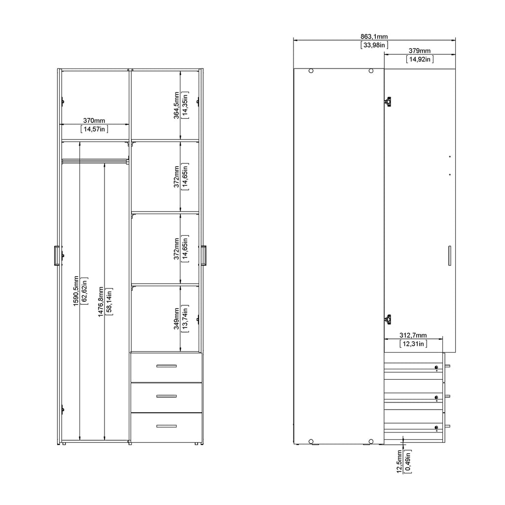 Jupiter Wardrobe 2 Doors 3 Drawers in Oak 2000