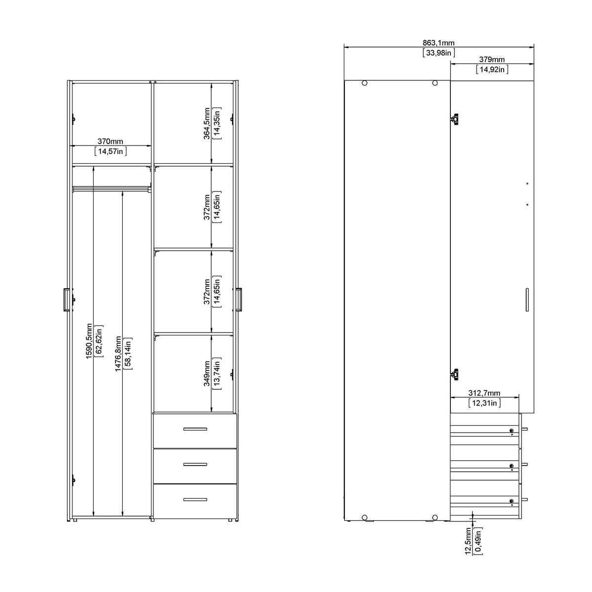 Jupiter Wardrobe 2 Doors 3 Drawers in Oak 2000