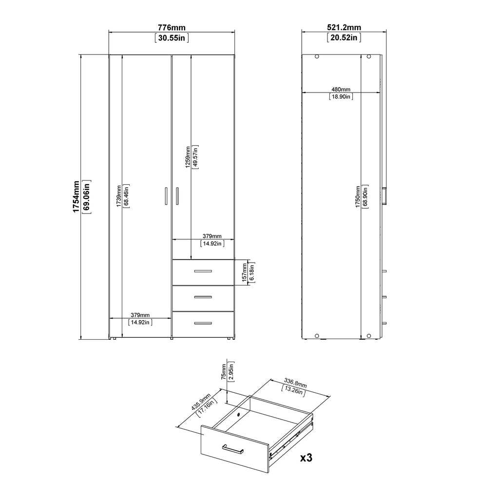 Jupiter Wardrobe 2 Doors 3 Drawers White 1750