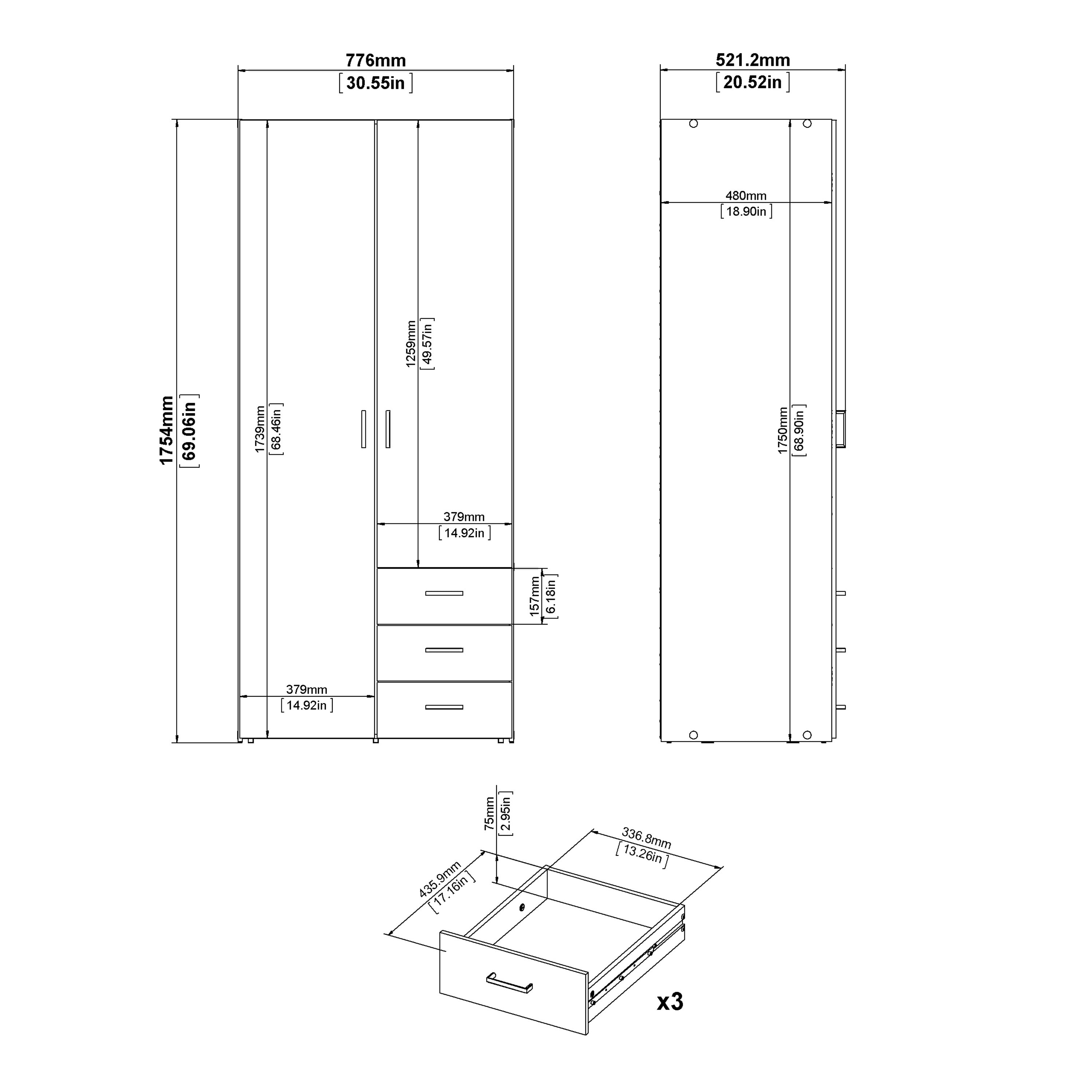 Jupiter Wardrobe 2 Doors 3 Drawers White 1750