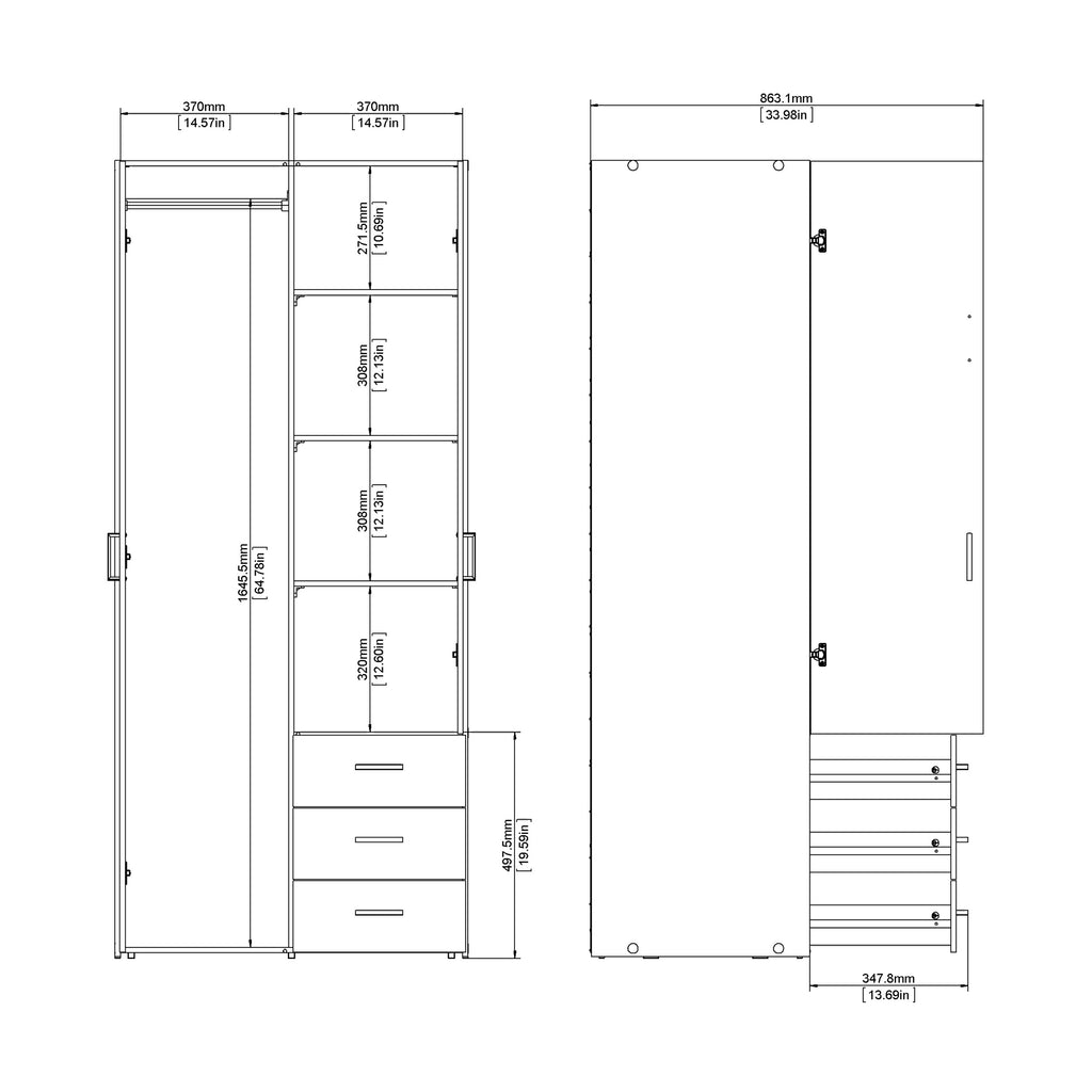 Jupiter Wardrobe 2 Doors 3 Drawers White 1750