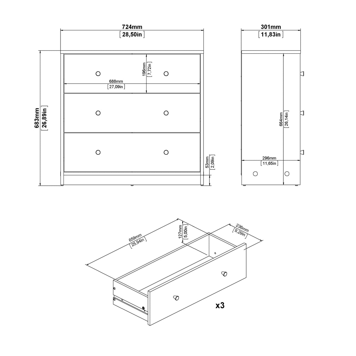 Martha Chest of 3 Drawers in Jackson Hickory Oak