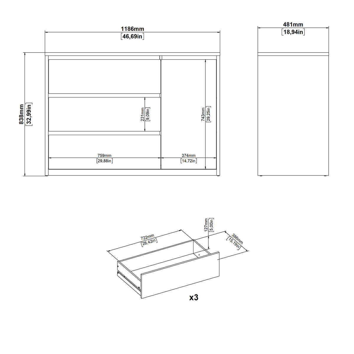 Nessa Sideboard with 1 door and 3 drawers White