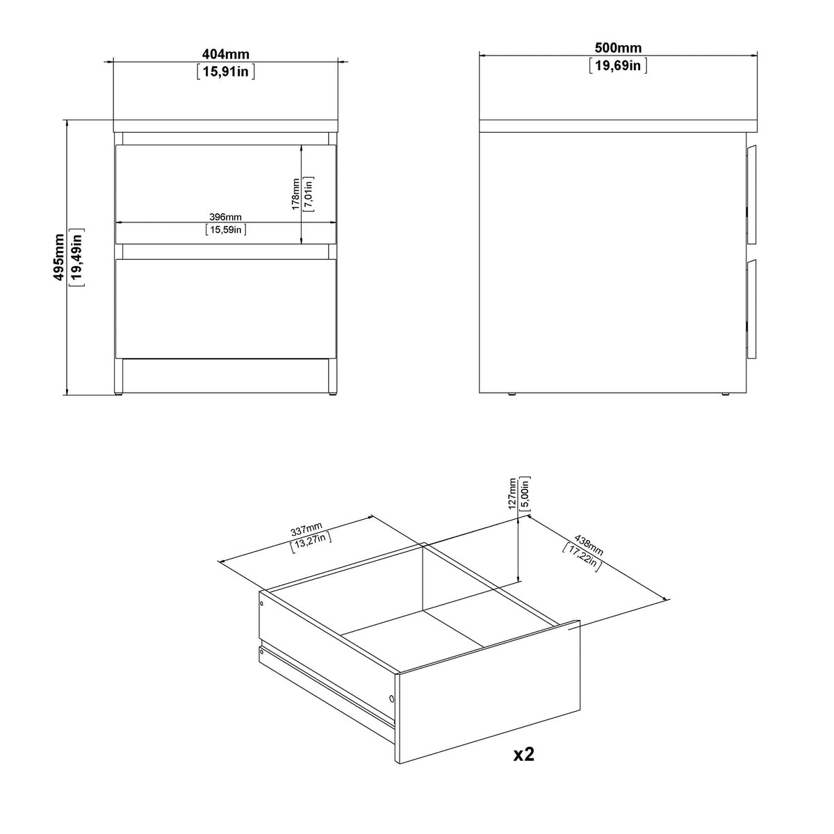 Naia Bedside 2 drawers in Concrete/White high gloss