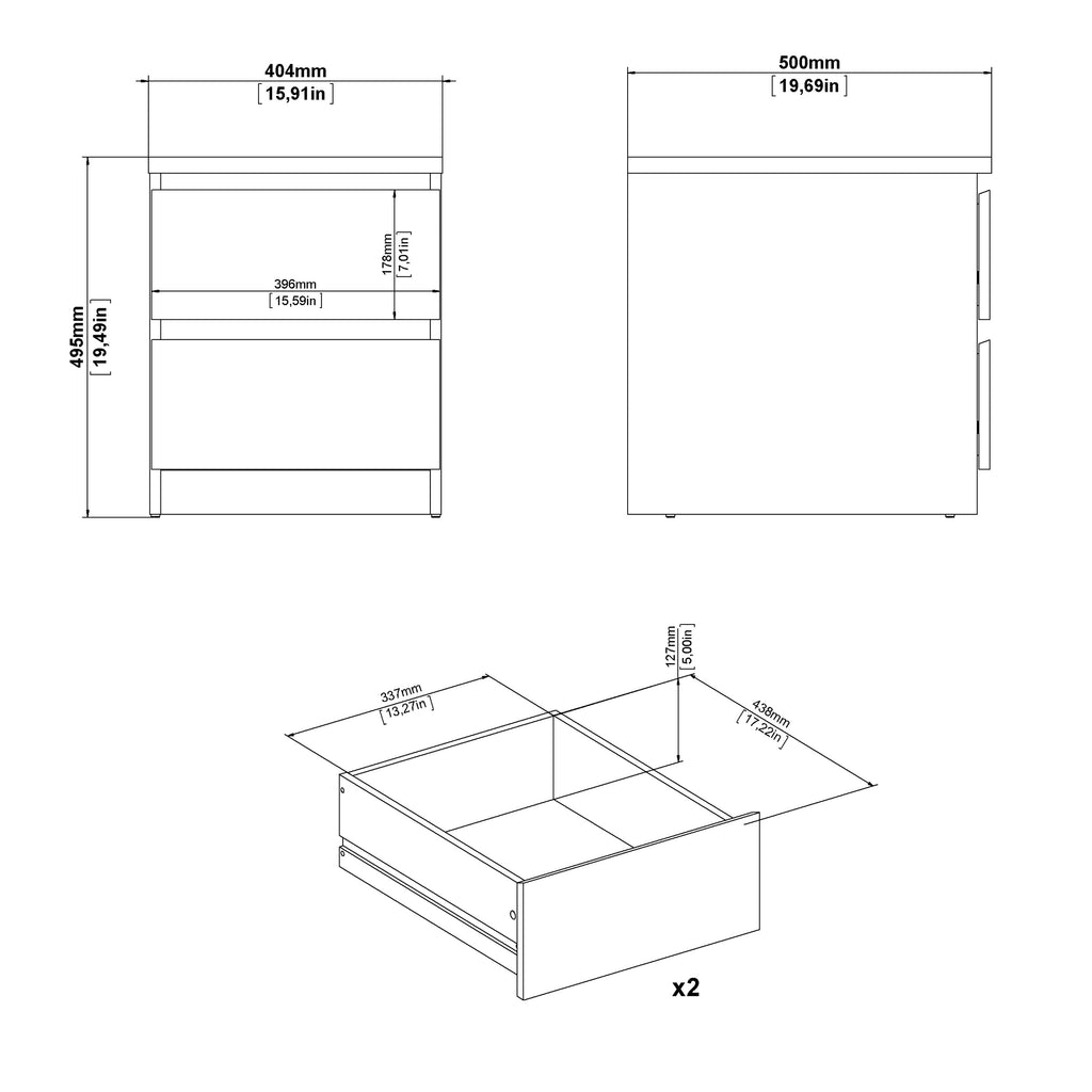 Naia Bedside 2 drawers in White high gloss