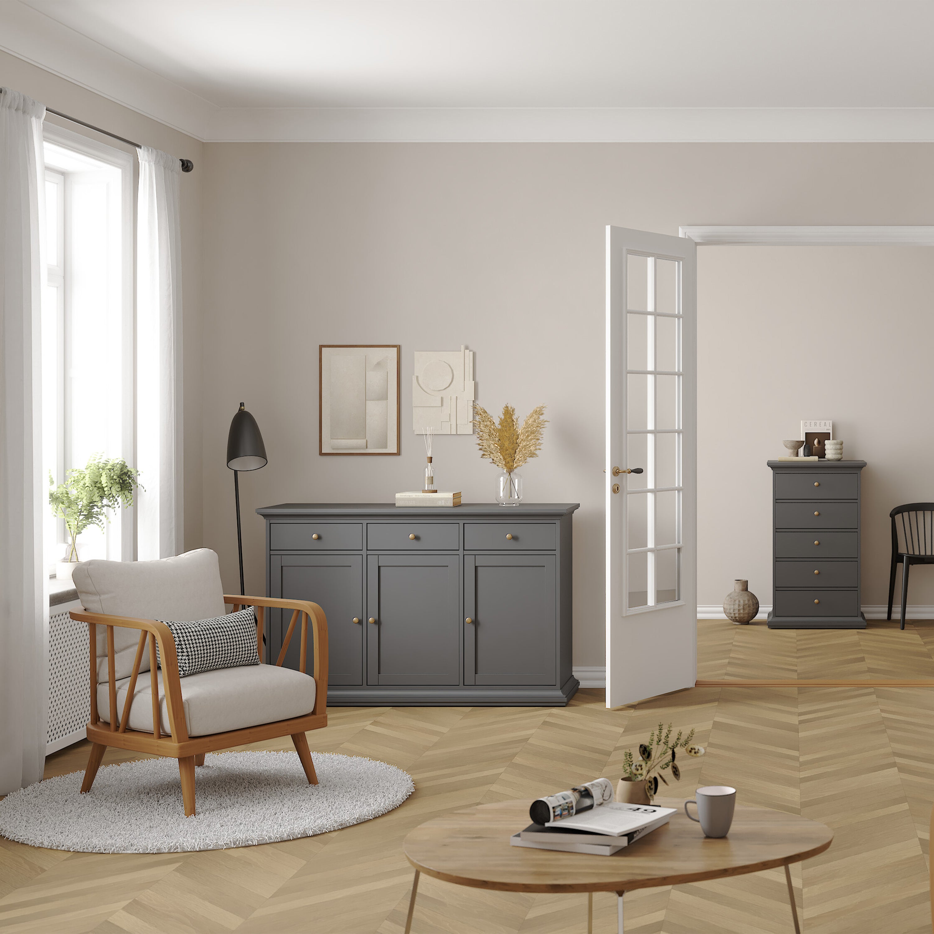 Primrose Sideboard with 3 doors and 3 drawers in Matt Grey
