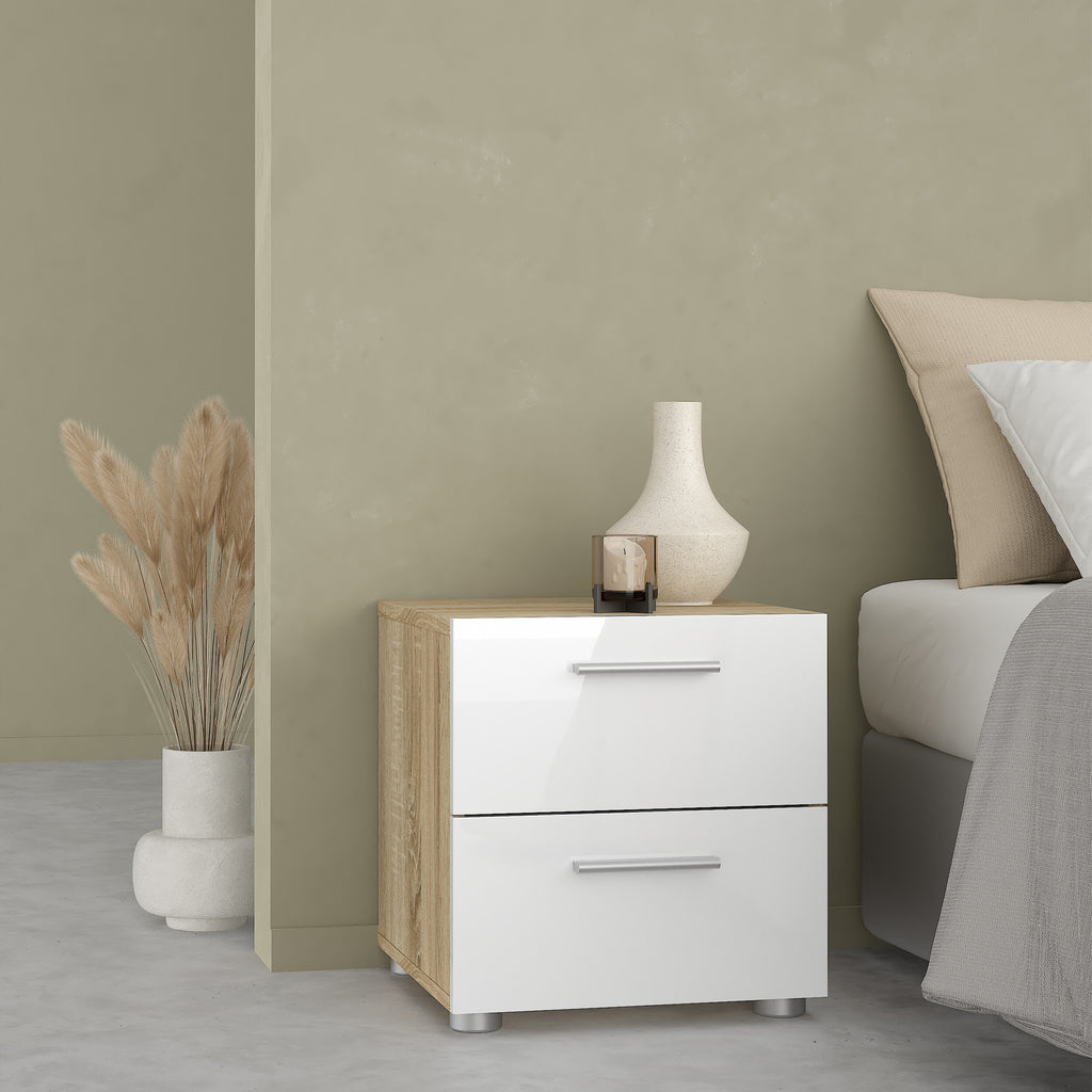 Pippa Bedside 2 Drawers in Oak structure/White High Gloss