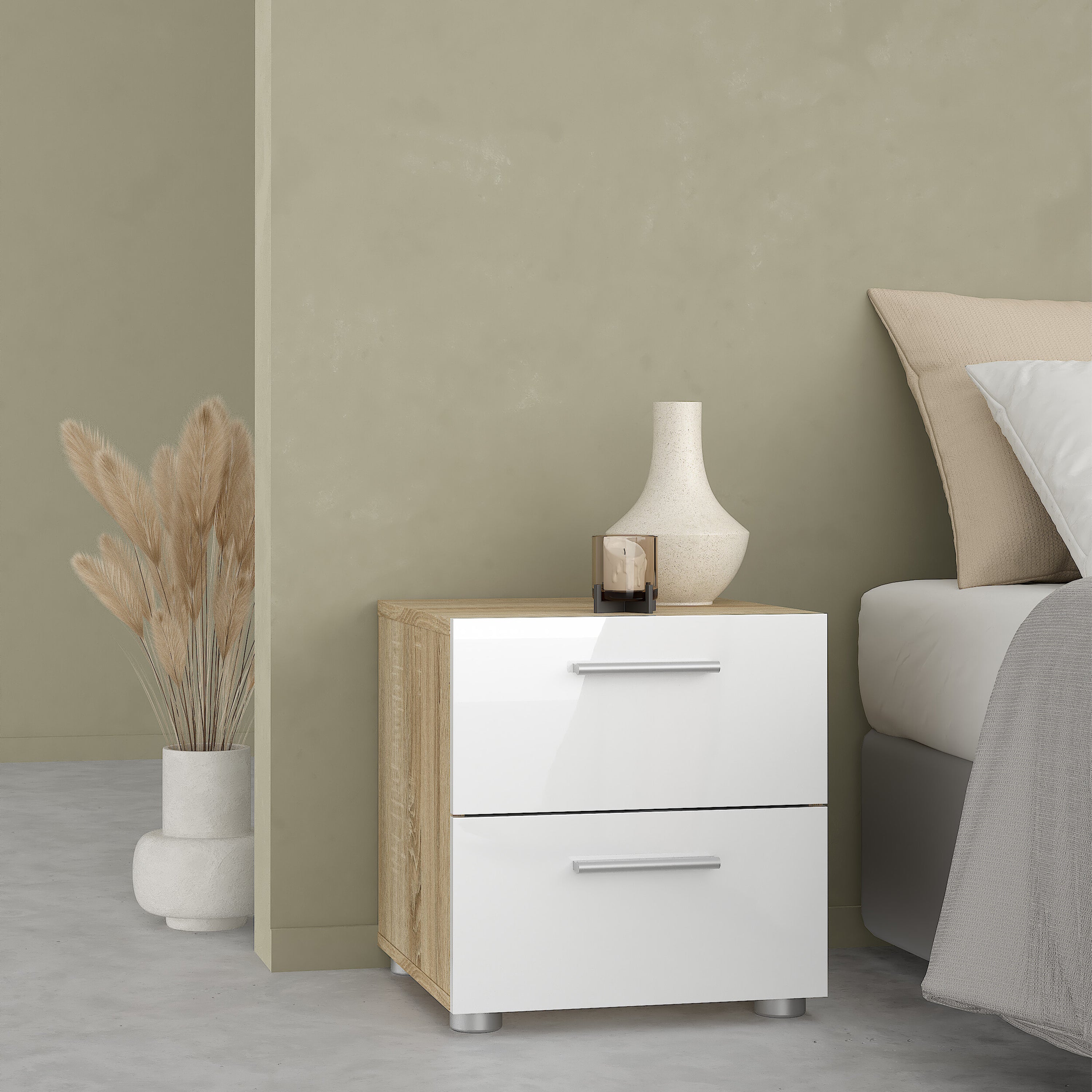 Pippa Bedside 2 Drawers in Oak structure/White High Gloss