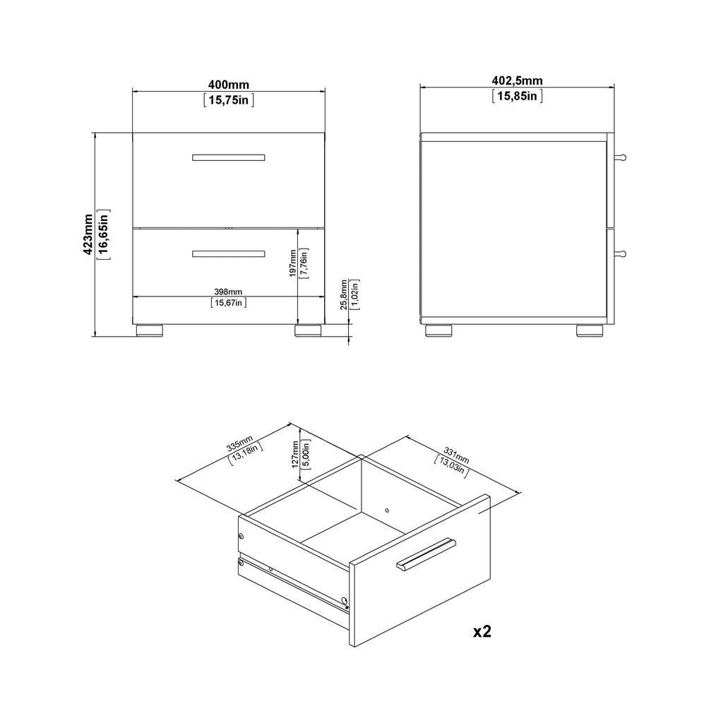 Pippa Bedside 2 Drawers in Oak structure/White High Gloss