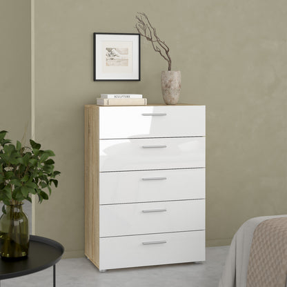 Pippa Chest of 5 Drawers in Oak with White High Gloss