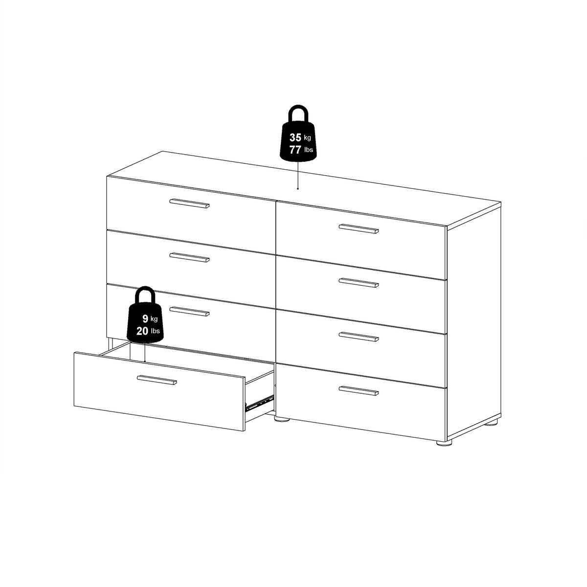 Pippa 8 Drawer chest (4+4) in Oak structure/White High Gloss
