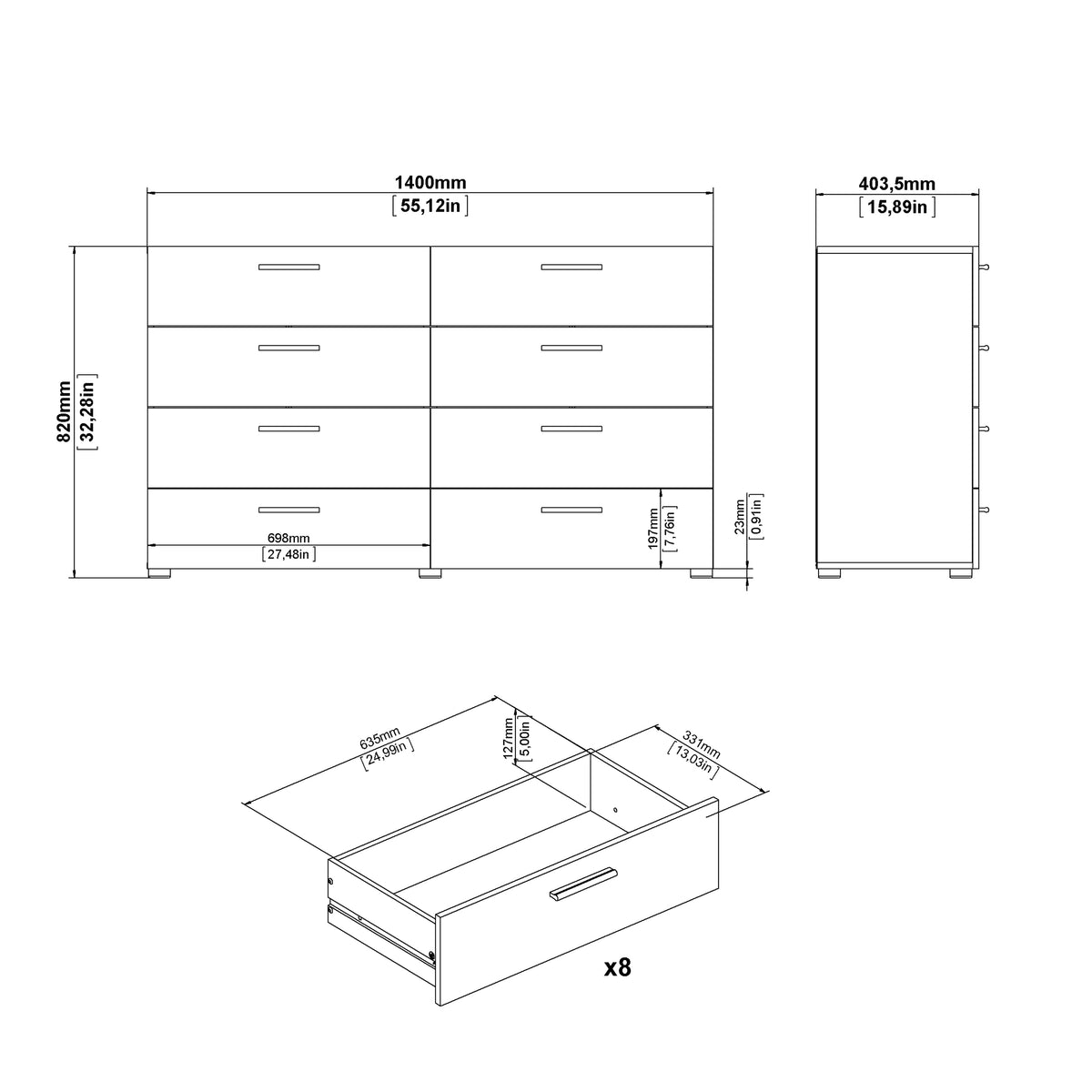 Pippa 8 Drawer chest (4+4) in Oak structure/White High Gloss