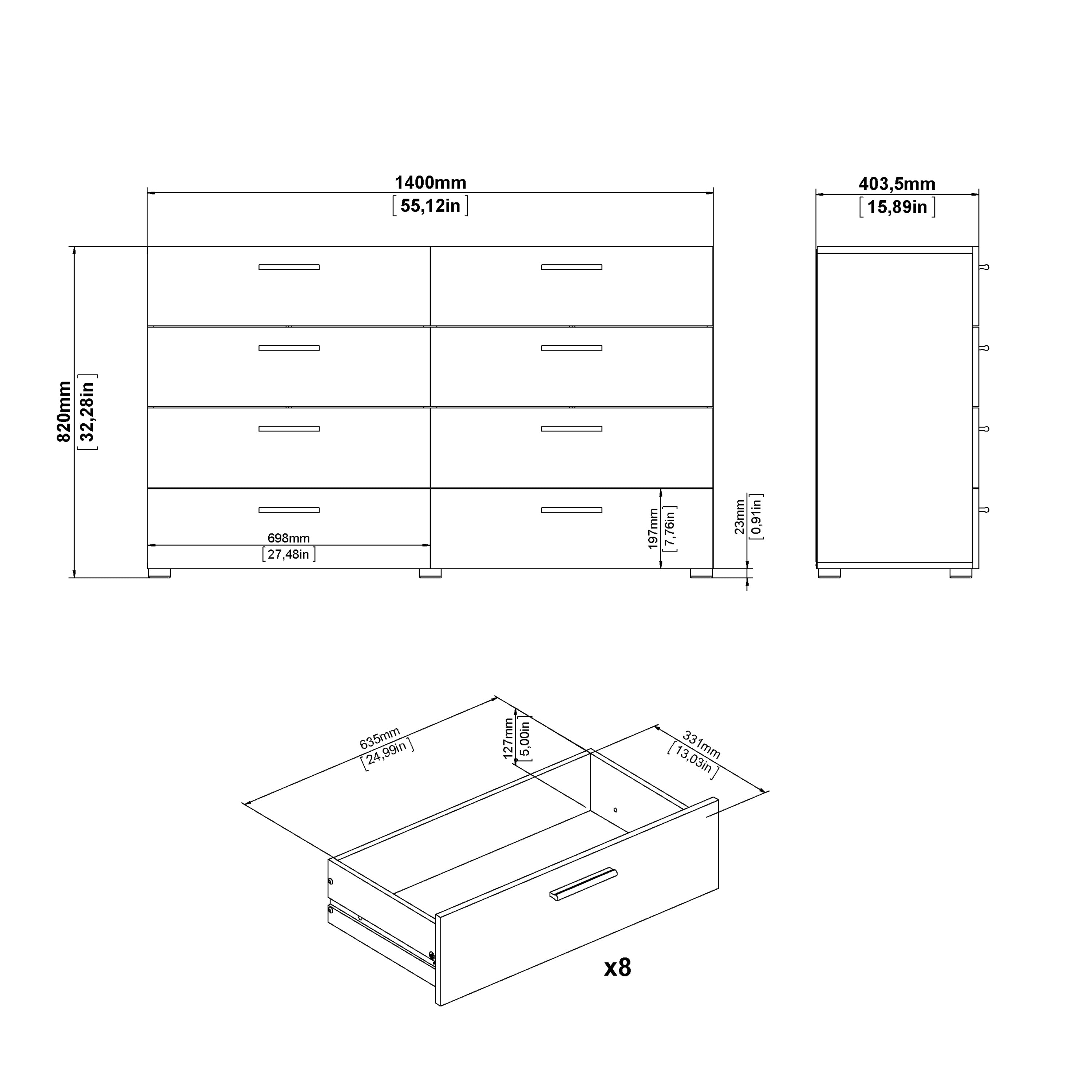 Pippa 8 Drawer chest (4+4) in Oak structure/White High Gloss