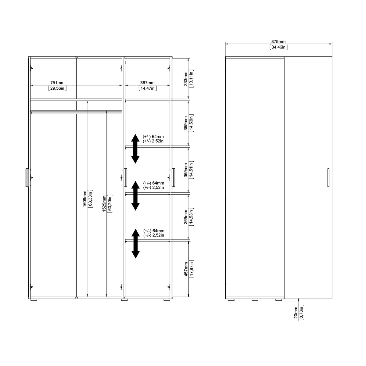 Pippa Wardrobe with 3 Doors in Oak with White High Gloss