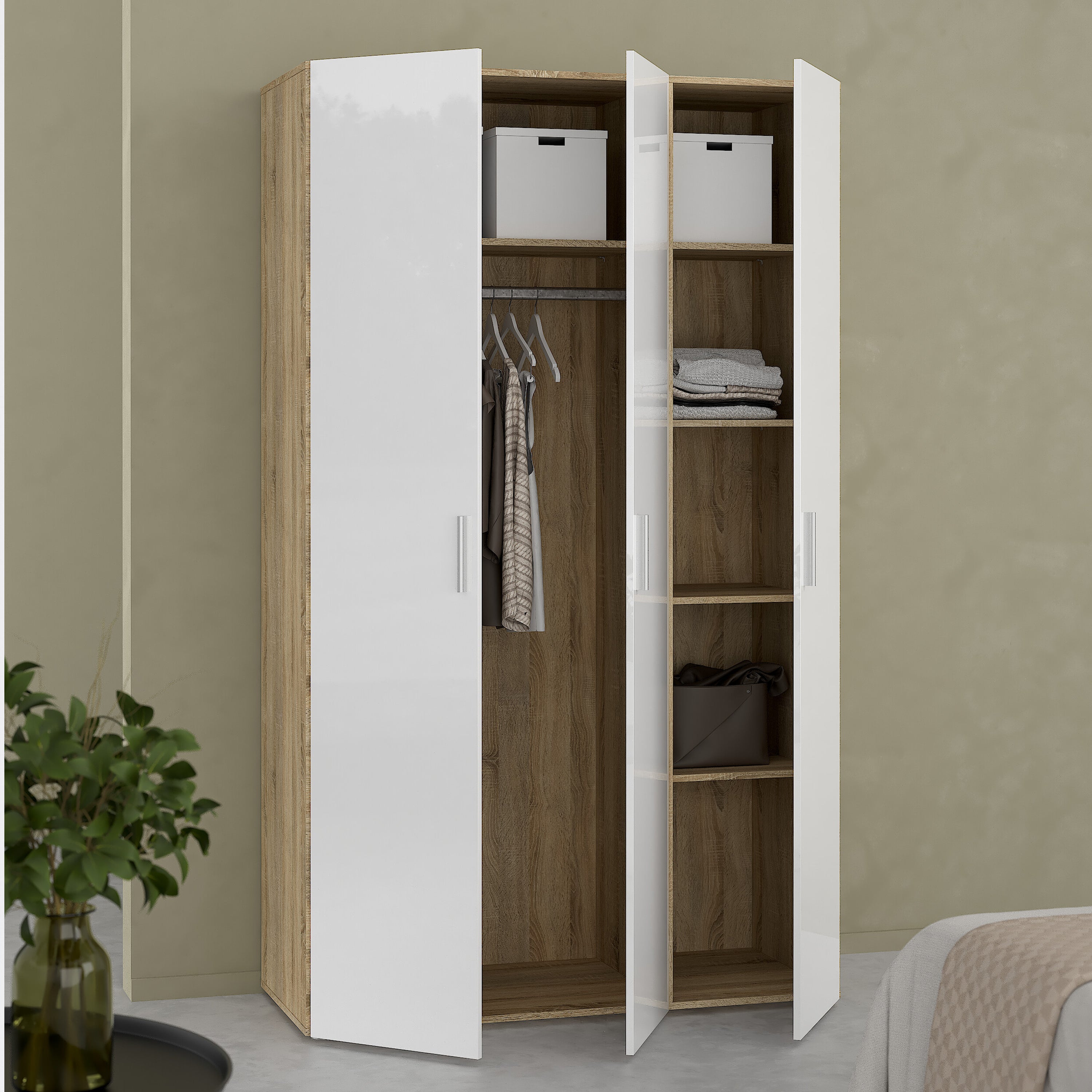Pippa Wardrobe with 3 Doors in Oak with White High Gloss