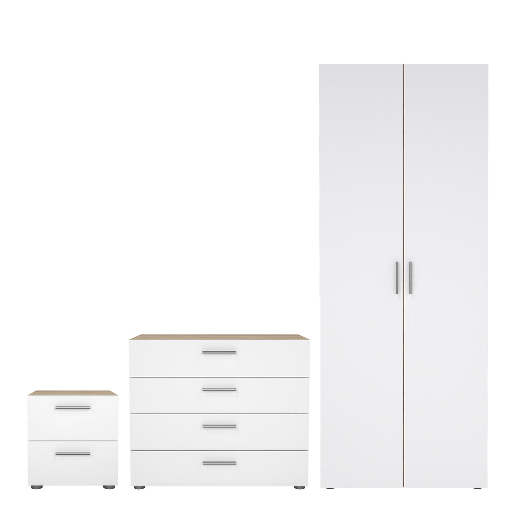 Pippa Trio Set - Bedside 2 Drawers + Chest of 4 Drawers + Wardrobe with 2 Doors in Oak with White High Gloss