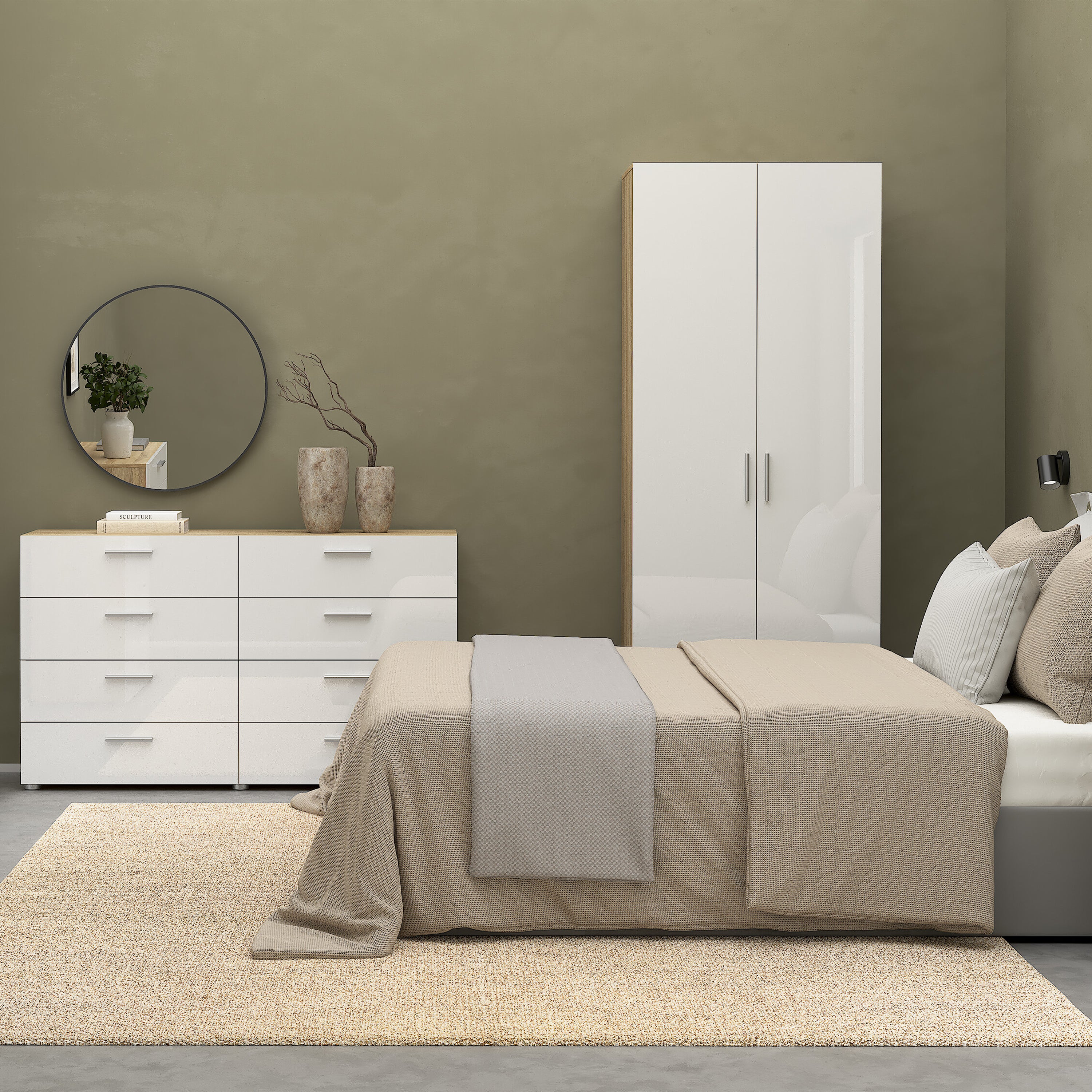 Pippa Trio Set - Bedside 2 Drawers + Chest of 4 Drawers + Wardrobe with 2 Doors in Oak with White High Gloss