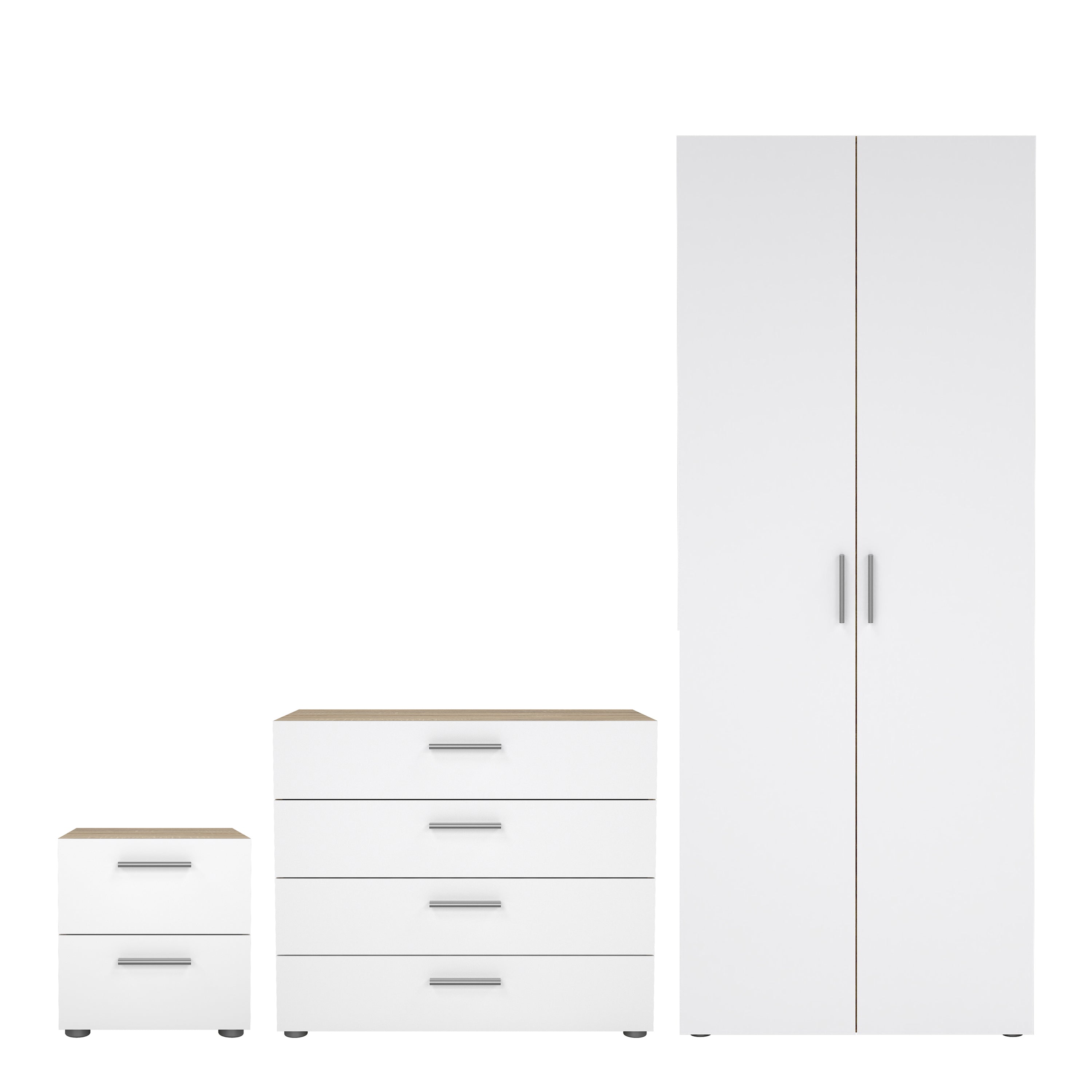 Pippa Trio Set - Bedside 2 Drawers + Chest of 4 Drawers + Wardrobe with 2 Doors in Oak with White High Gloss