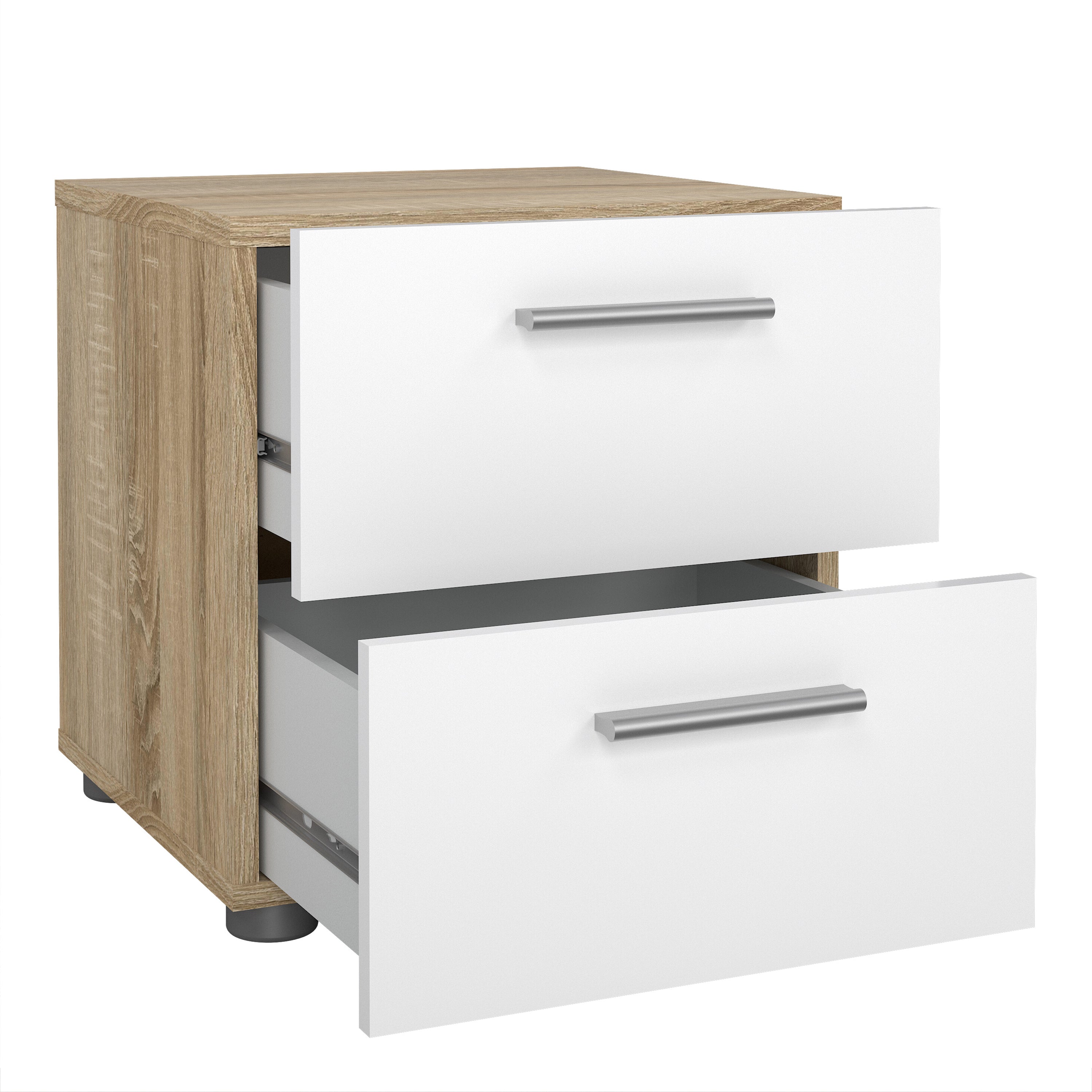 Pippa Trio Set - Bedside 2 Drawers + Chest of 4 Drawers + Wardrobe with 2 Doors in Oak with White High Gloss