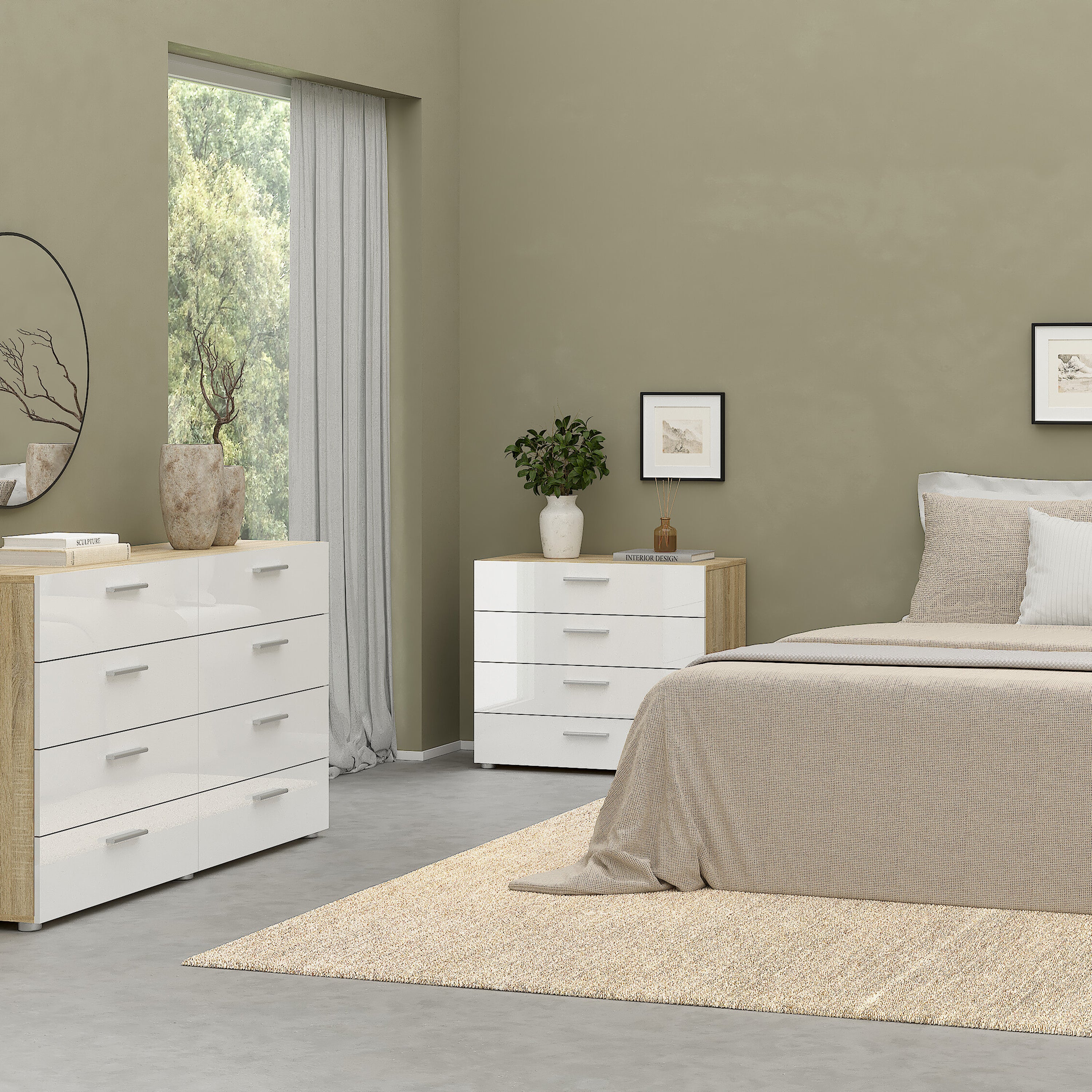 Pippa Trio Set - Bedside 2 Drawers + Chest of 4 Drawers + Wardrobe with 2 Doors in Oak with White High Gloss