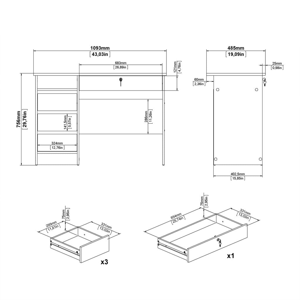Fenton 4 Drawer Desk Handleless Drawer in Jackson Hickory Oak
