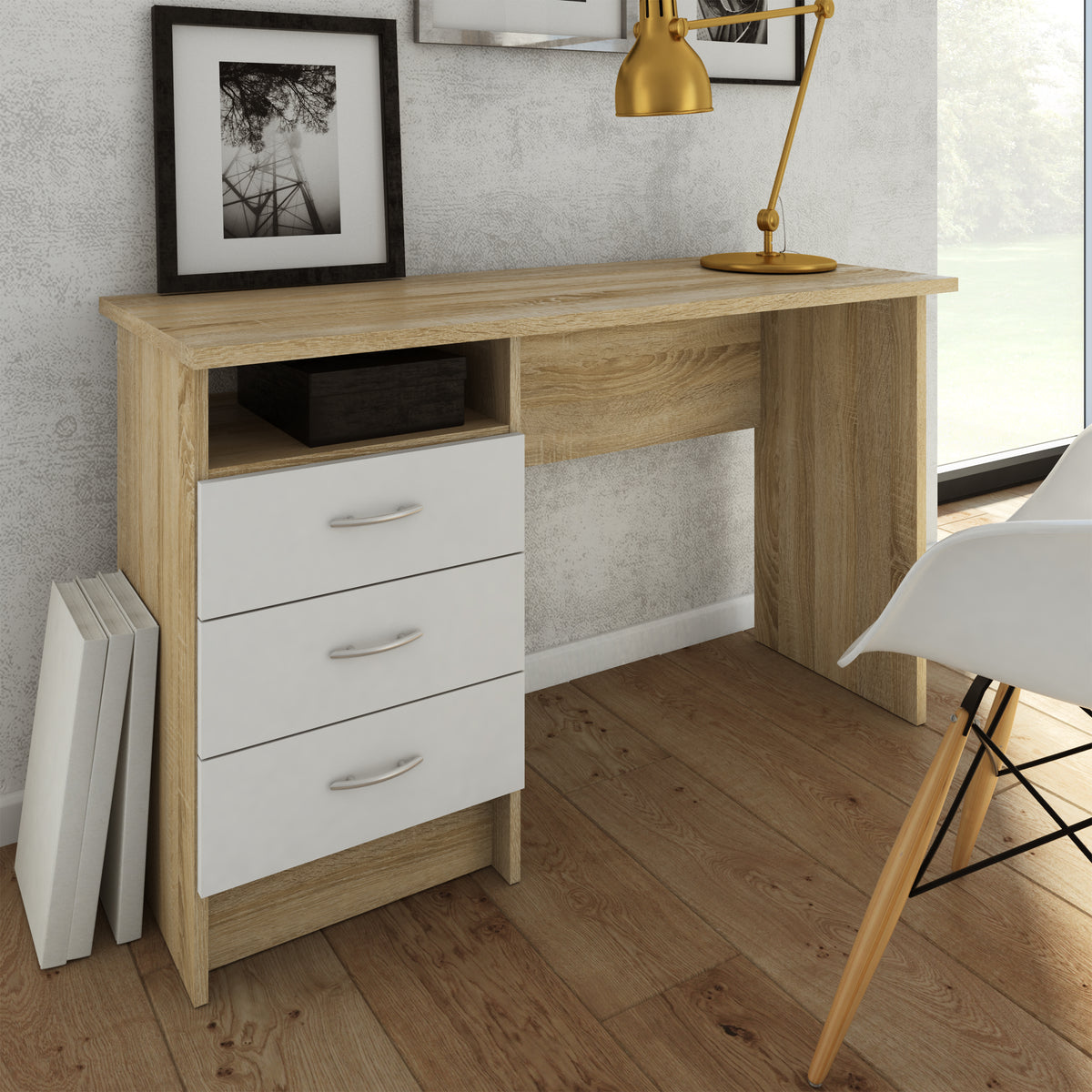 Fenton Oak Desk 3 White Drawers