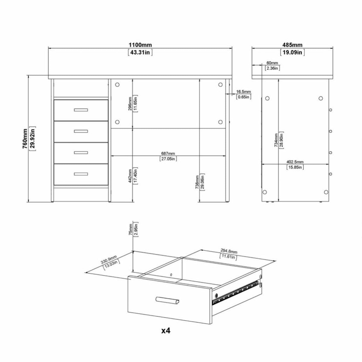 Fenton 4 Drawer Desk in White