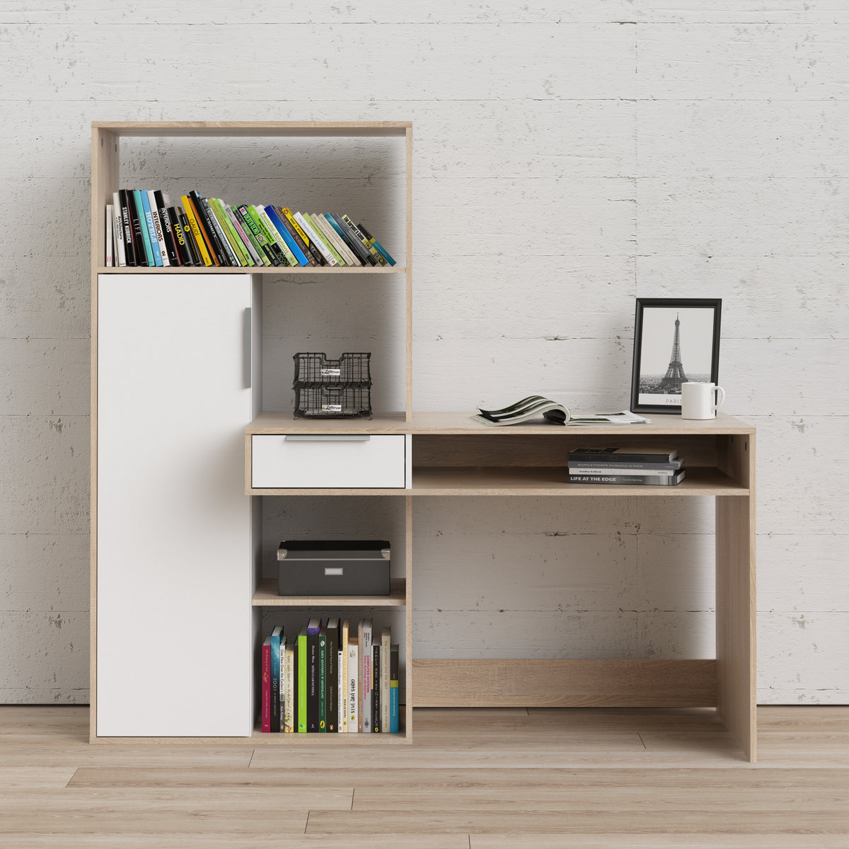 Fenton Desk Multi Functional Desk with Drawer and 1 Door in White and Oak