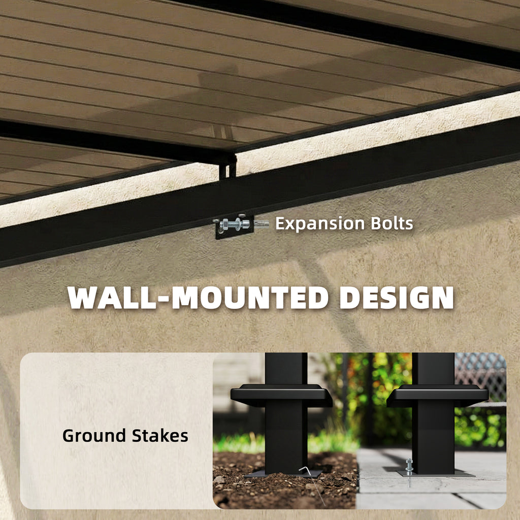 Outsunny 3 x 2.87 m Metal Lean-to Pergola, Wall-Mounted Hardtop Garden Pergola with Polycarbonate Roof and Metal-Aluminium Frame
