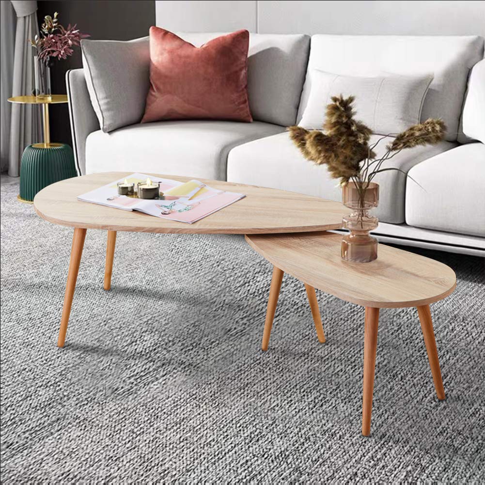 GOLDFAN Solid Wood Coffee Table Set Nest of 2 Tables