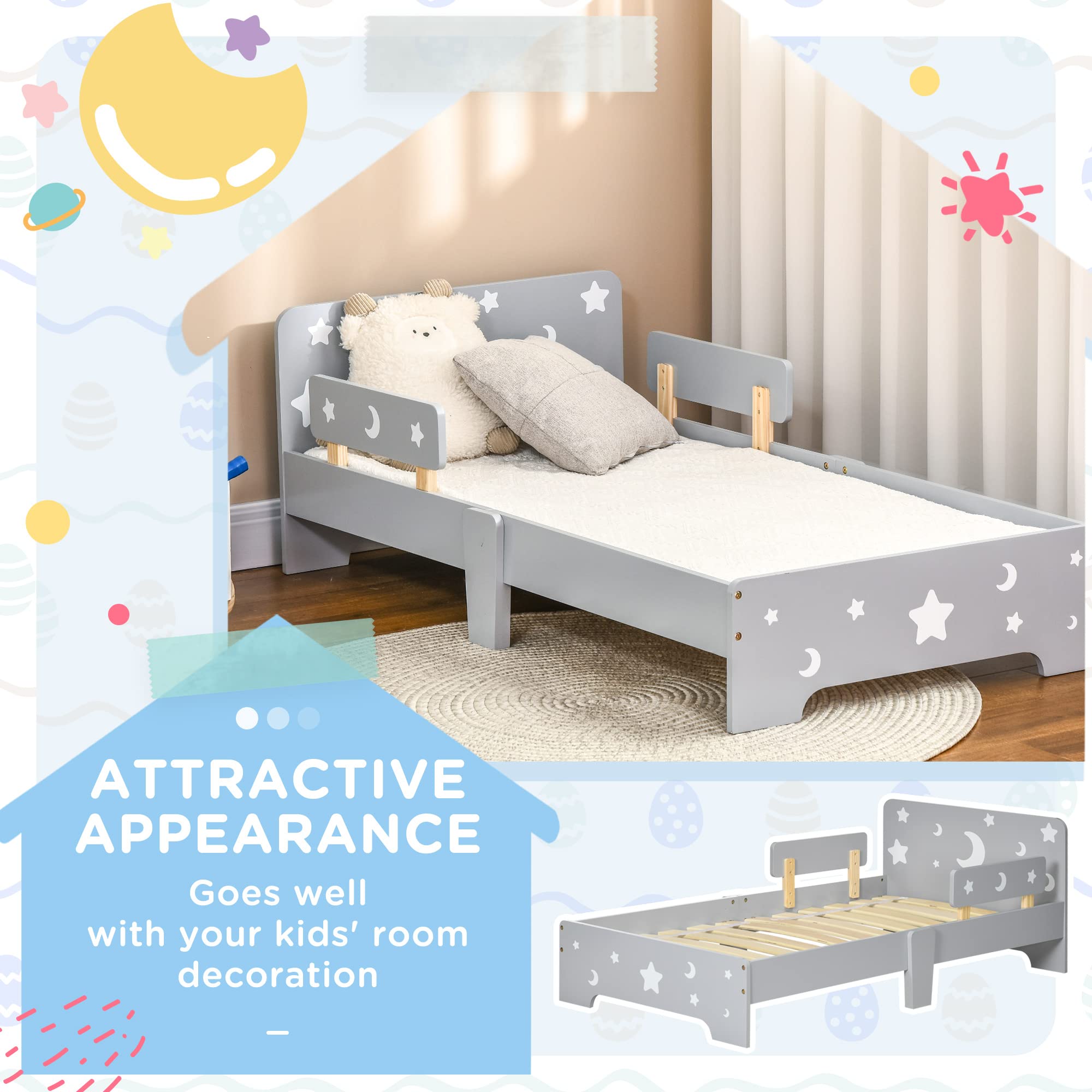 Toddler Bed Children's Bedroom Furniture w/Star and Moon Patterns, Side Rails, for Boys, Girls, Ages 3-6 Years, 143 x 76 x 49cm - Grey