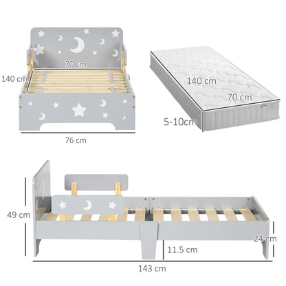 Toddler Bed Children's Bedroom Furniture w/Star and Moon Patterns, Side Rails, for Boys, Girls, Ages 3-6 Years, 143 x 76 x 49cm - Grey