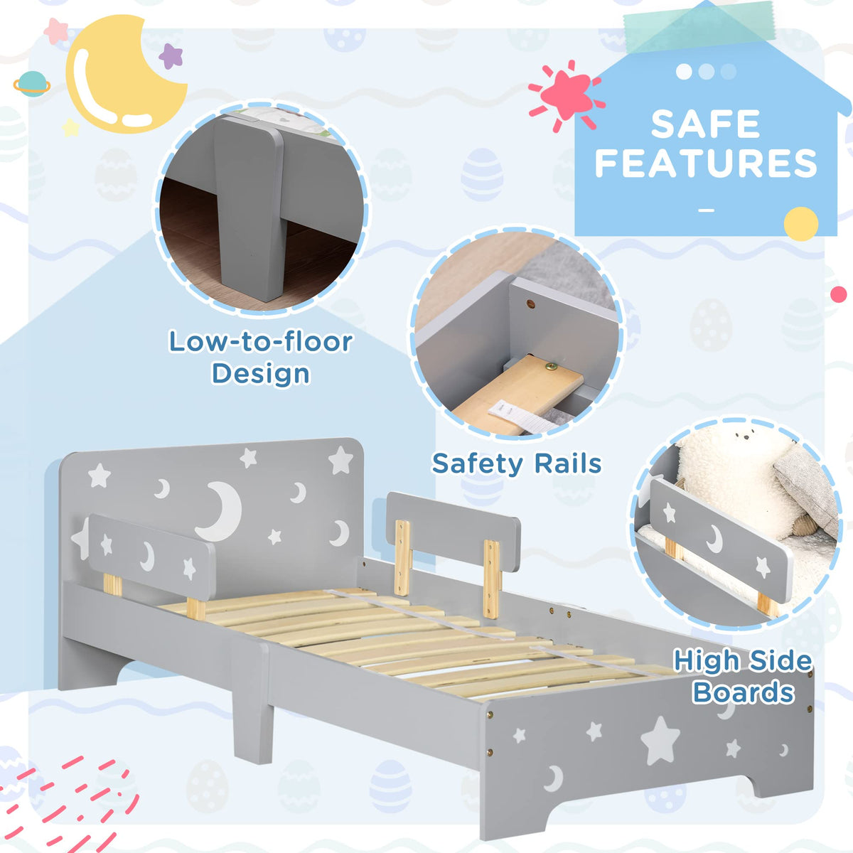Toddler Bed Children's Bedroom Furniture w/Star and Moon Patterns, Side Rails, for Boys, Girls, Ages 3-6 Years, 143 x 76 x 49cm - Grey