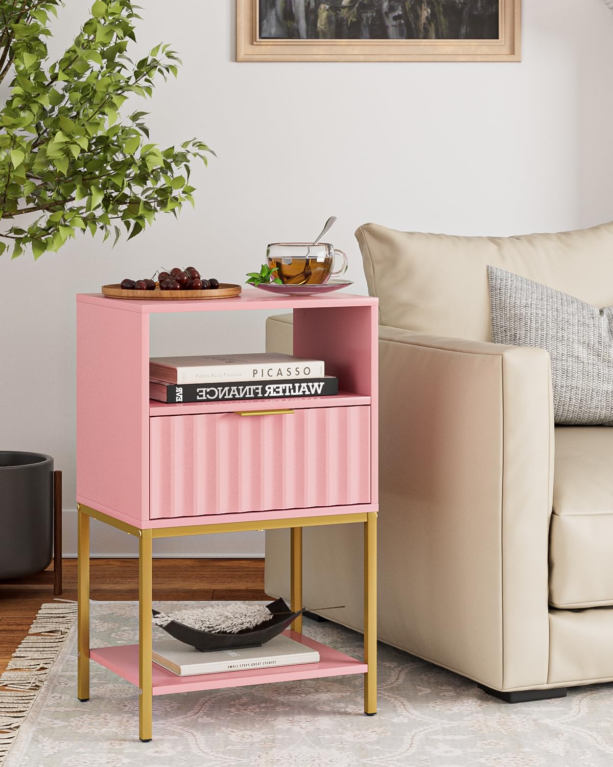 Zoey Bedside Table, Side Table 3-Tier with drawer
