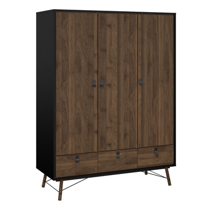 Raya Wardrobe 3 Doors 3 Drawers in Matt Black Walnut