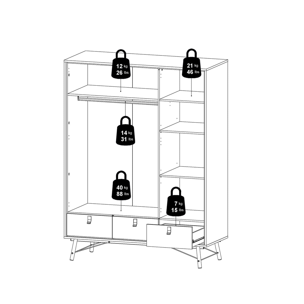 Raya Wardrobe 3 Doors 3 Drawers in Matt Black Walnut