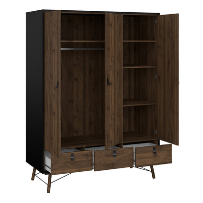 Raya Wardrobe 3 Doors 3 Drawers in Matt Black Walnut