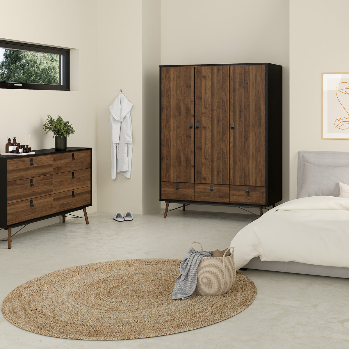 Raya Wardrobe 3 Doors 3 Drawers in Matt Black Walnut
