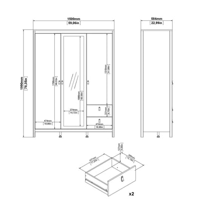 Barcelona Wardrobe with 2 Doors + 1 Mirror Door + 2 Drawers in Cashmere