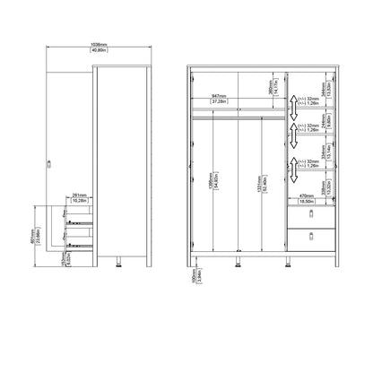 Barcelona Wardrobe with 2 Doors + 1 Mirror Door + 2 Drawers in Cashmere