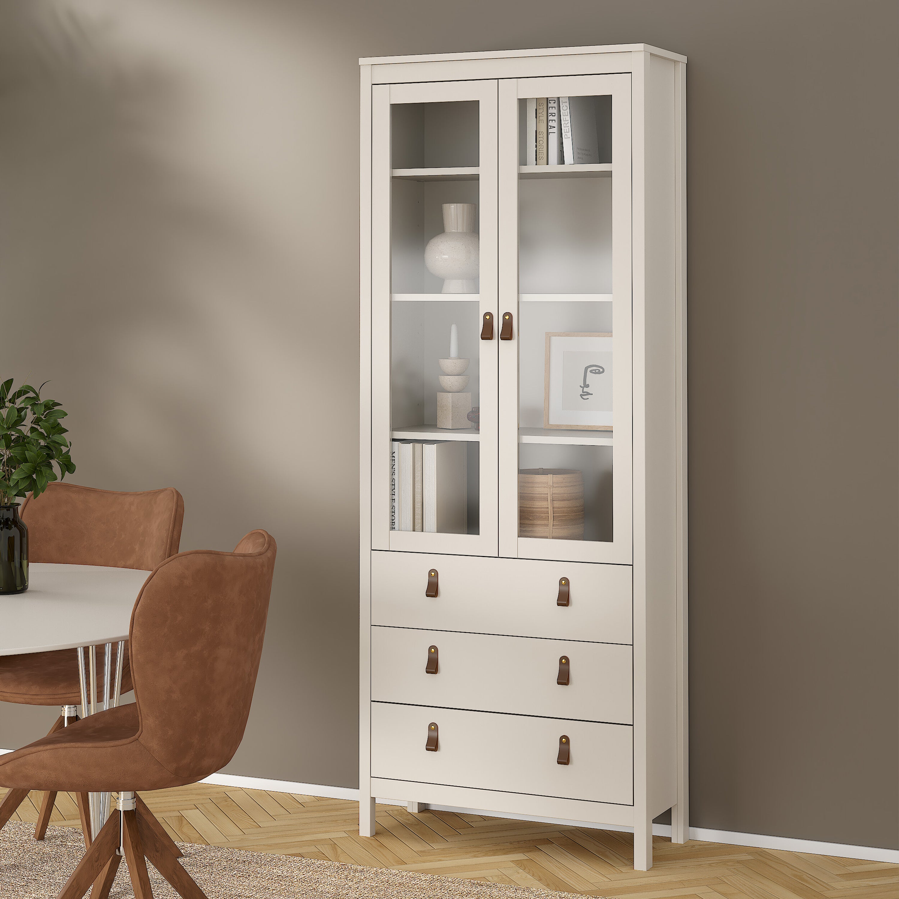 Barcelona China Cabinet 2 Glass Doors with 3 Drawers in Cashmere
