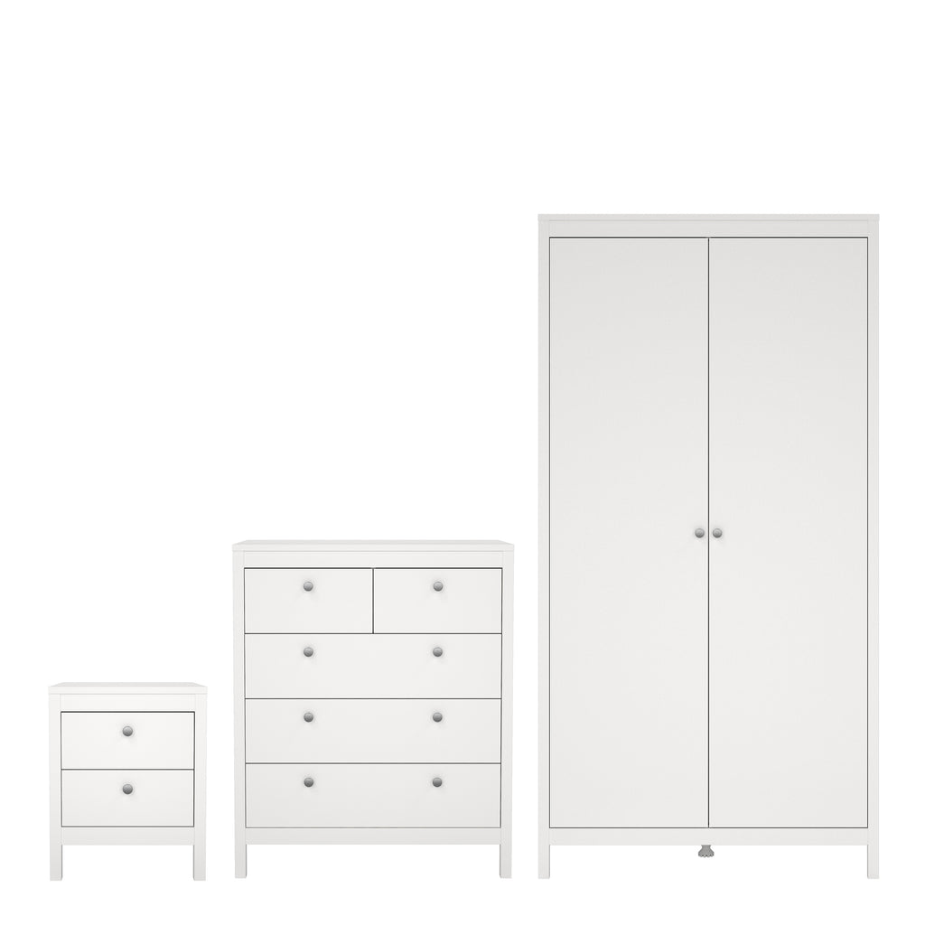 Maria Trio - Bedside Table 2 Drawers/ 3+2 DrawerChest/ 2 Door Wardrobe in White