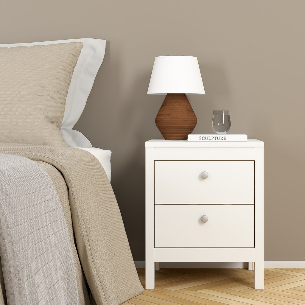 Maria Trio - Bedside Table 2 Drawers/ 3+2 DrawerChest/ 2 Door Wardrobe in White