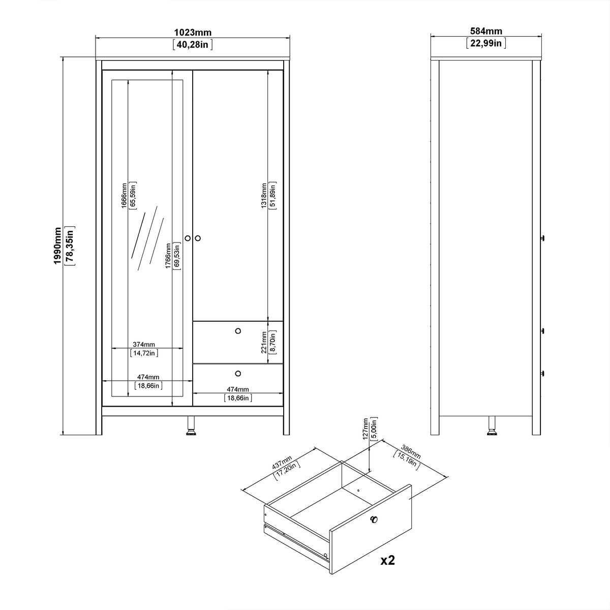 Maria Wardrobe with 1 Door 1 Mirror Door 2 Drawers Matt Black